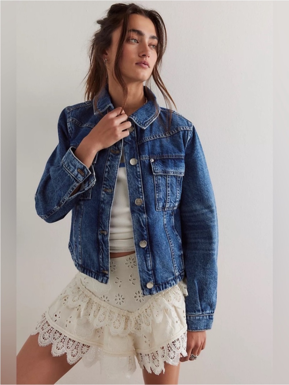 We The Free Free People Blue Jade Distressed cropped Medium Denim Jacket